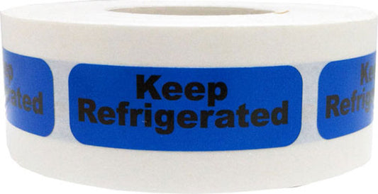Blue with Black Keep Refrigerated Stickers, 0.5 x 1.5 Inches in Size, 500 Labels on a Roll