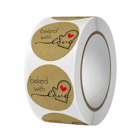 1000PCS Baked with Love Stickers for Baked Goods,1 Inch Small Round Brown Red Heart in Baking Gloves Baking Stickers Label Bakery Stickers for Packaging Canning Bottles,Cookie Bags (Brown)