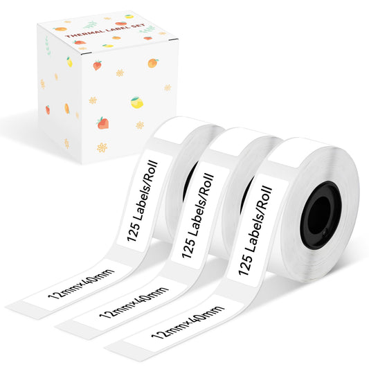 D30 Label Tape, for D30 D32 D10 D35 Q30 Label Maker, Black on White Thermal Paper Self-Adhesive Label Maker Tape, 12 x 40 mm (0.47 x 1.57 Inch) 125 Tapes/Roll, 3-Roll 12*40mm White