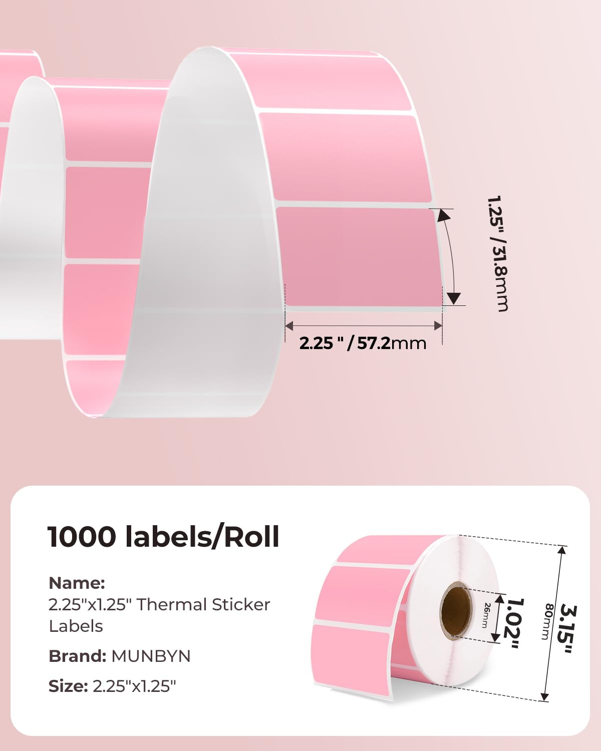 2.25x1.25 Pink Thermal Labels 1,000 Labels/Roll+2" Round Thermal Labels 150 Labels/Roll