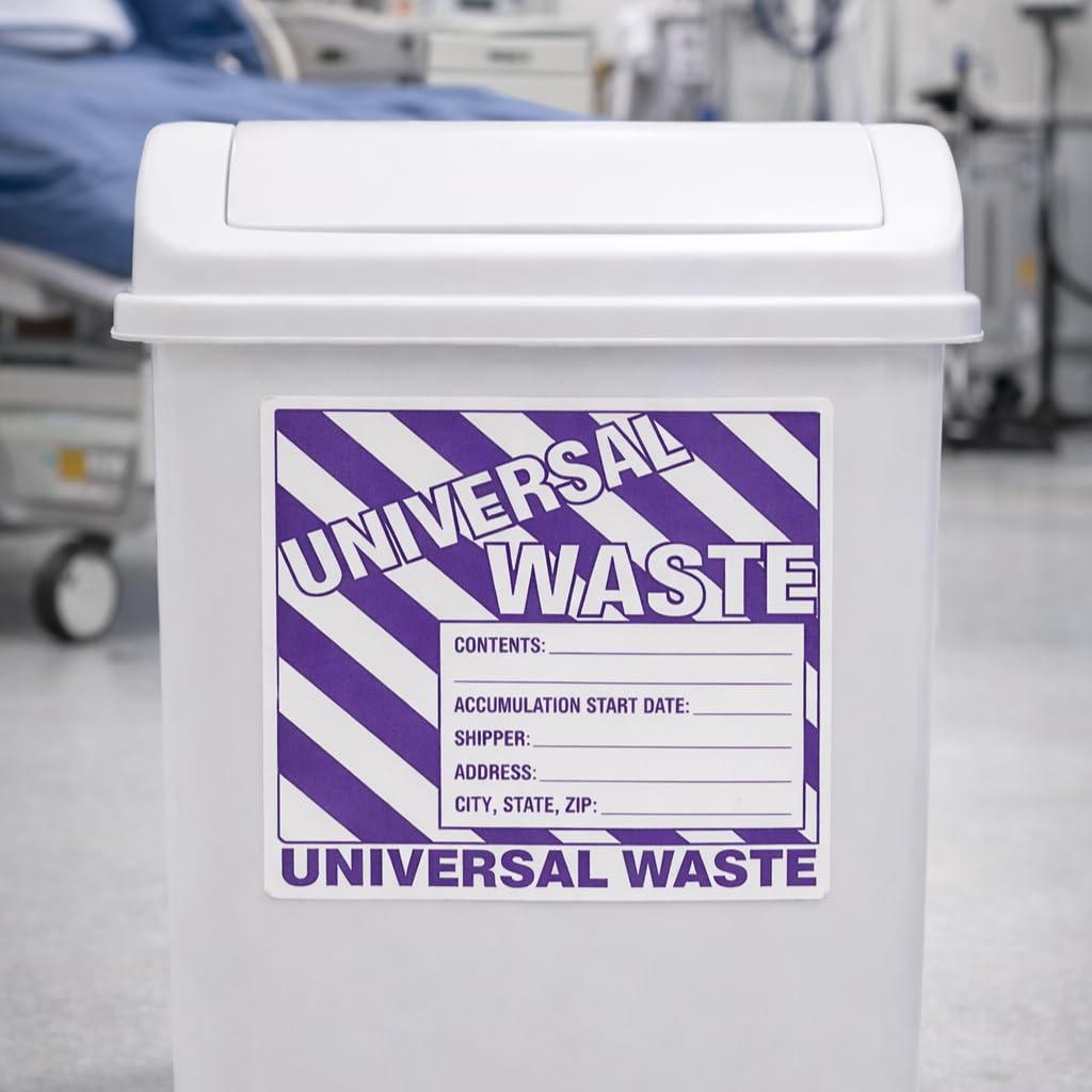 Universal Waste Labels, 6 x 6 inches, Purple/White, Self-Adhesive Vinyl, Pack of 25