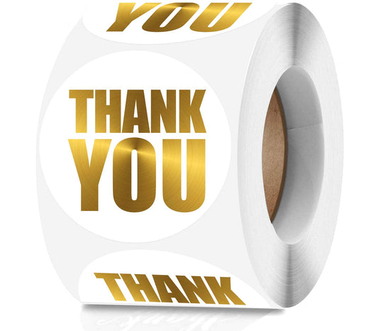 Large White Thank You Stickers 2 inch - Gold Foil Personalized Sealing Circle Labels, Ideal for Gift Packaging & Small Business | 500 Labels Per Roll Gold on White