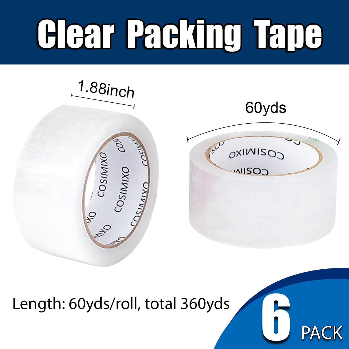 COSIMIXO Heavy Duty Packing Tape 2.7mil x 1.88" x 60 Yards, 6 Rolls,Industrial 3" Core, Clear, Great for Packing, Shipping & Moving 2.7Mil x 1.88" x 60Yds 6-Pack