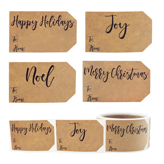Natural Kraft Charming Christmas Holiday Gift Tag Stickers 2 x 3 Inch 100 Total Labels