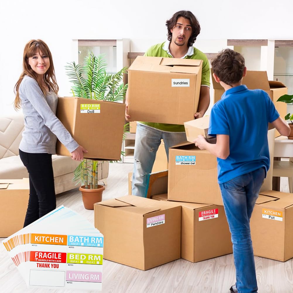300 Count Home Moving Labels, 50 Sheets 6 Color Coded Moving Labels with Fragile Stickers, Waterproof Moving Stickers Color Coded Packing Labels for Moving Boxes, Moving Supplies 1.65x3.54inch