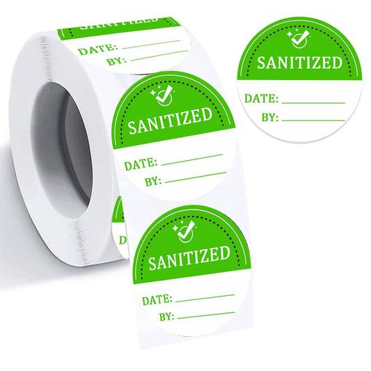 Sanitized Label 2 Inch Sanitized by Stickers Green Cleanliness Blank Date and by Stickers for Hospital,Car Rentals, House Rentals, Resturants(Pack-500)