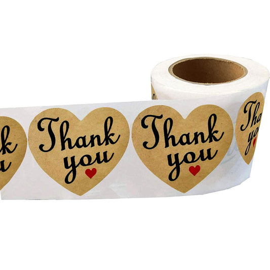 Natural Kraft Appreciation Labels 2 Inch Valentine's Day Heart Thank You Sticker for Greeting Cards,Package,Wedding,Baby Shower,250 Pcs Per Roll