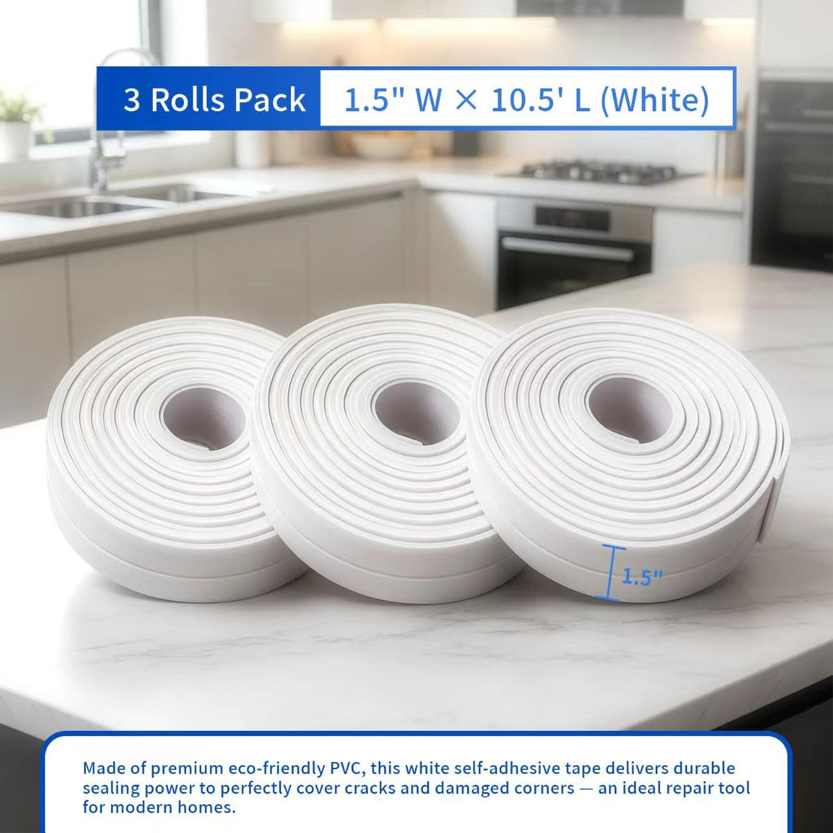 3 Rolls Caulking Tape, Self Adhesive Waterproof Seal Strip for Kitchen Bathroom Sink Tub Toilet, Caulk Sealer Around Base Strip for Wall Corner Edge Protector, 10.5Ft x 1.5In (Clear) Clear