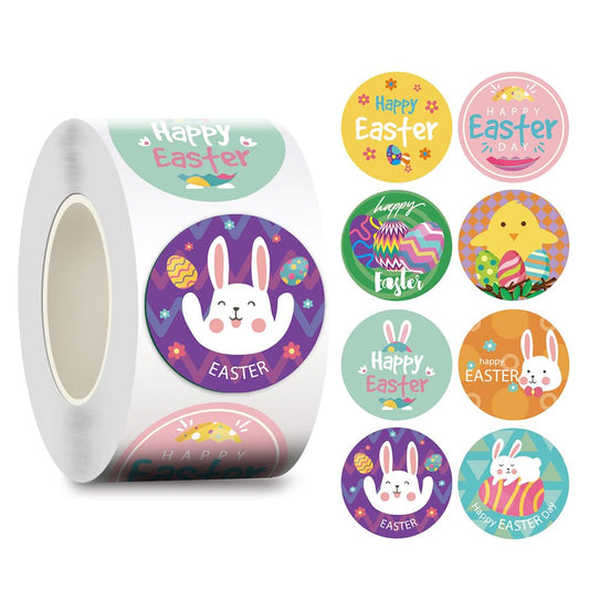 GeRRiT 500 PCS Cute Easter Stickers 1.5 Inch Happy Easter Label Stickers Self-Adhesive Bunny Stickers Easter Egg Stickers Party Decorative Supplies for Card Gift Envelopes Decoration, 1 Roll