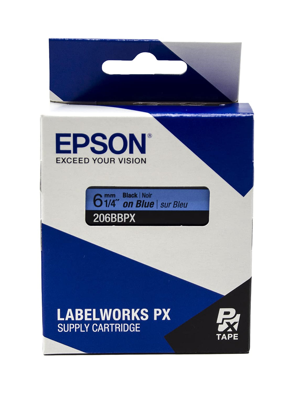 Epson LABELWORKS 206BBPX Label Tape - Black on Blue - 1/4" (6mm), 30ft