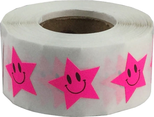 Fluorescent Pink Happy Face Star Shape Stickers 0.75 Inch 500 Adhesive Labels