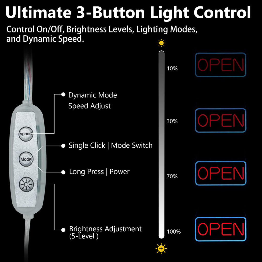 16-Inch 5-Mode Flashing and Dimmable LED Neon Open Sign 16 Inch Horizontal