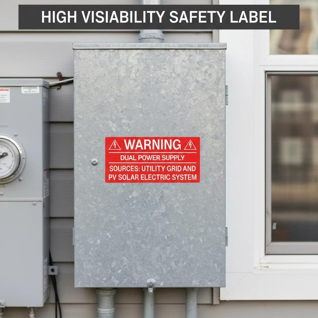 50PCS Solar Warning Labels, Warning Dual Power Supply - Sources Utility Grid and PV Solar Electric System, UV Resistant Electrical Panel Stickers for Installers
