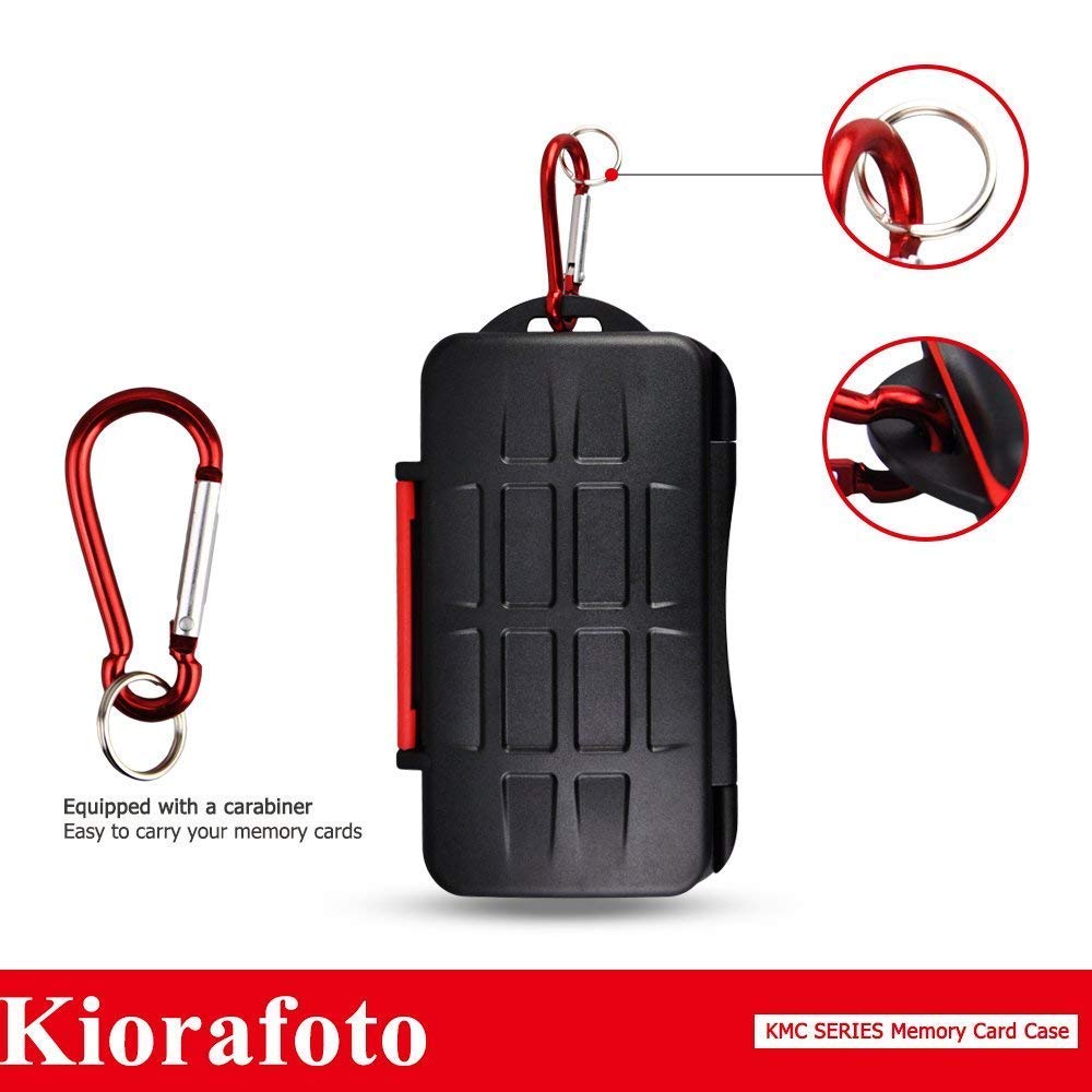 Kiorafoto water-resistant memory card case with 120 labels for organizing 12 SD and 12 Micro SD cards.