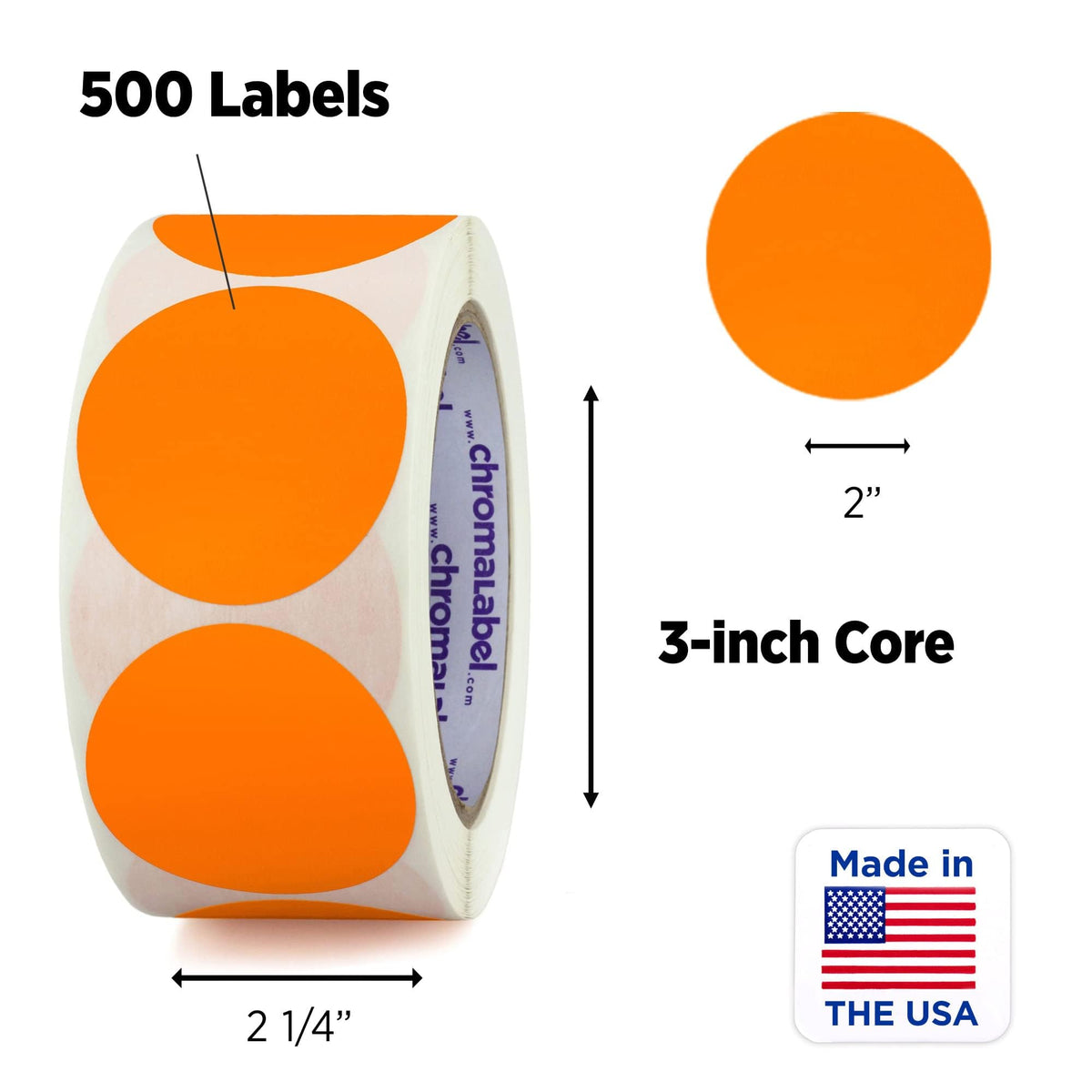 Orange ChromaLabel 2-inch round removable color code dot stickers for inventory labeling, 500 per roll.