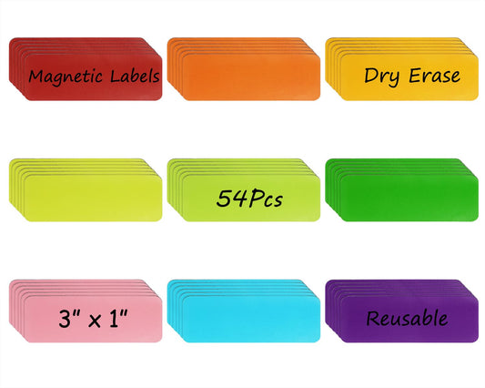 Mini Skater Dry Erase Magnetic Labels 1x3 Inch Reusable Write On Magnets Sticker for Classroom Office White Boards Lockers Refrigerator Organization, Pack of 54 (Multicolor) Multicolor