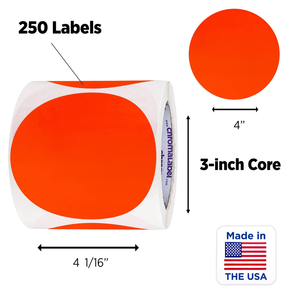 ChromaLabel 4 Inch Large Fluorescent Red Orange Dot Stickers, 250/Roll 4"