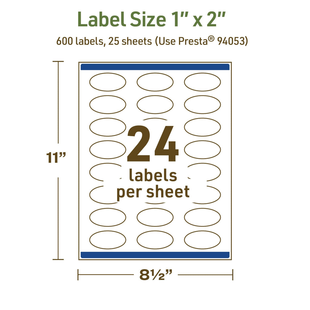 Avery® Dissolvable Oval Labels, Sure Feed® Technology, 1" x 2", Matte White, Print-to-The-Edge, Laser/Inkjet Printable, 600 Labels Total