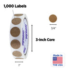 ChromaLabel round kraft dot stickers, 0.75 inch diameter, all-purpose labels on a roll, 500 per roll, perfect for labeling and crafts.
