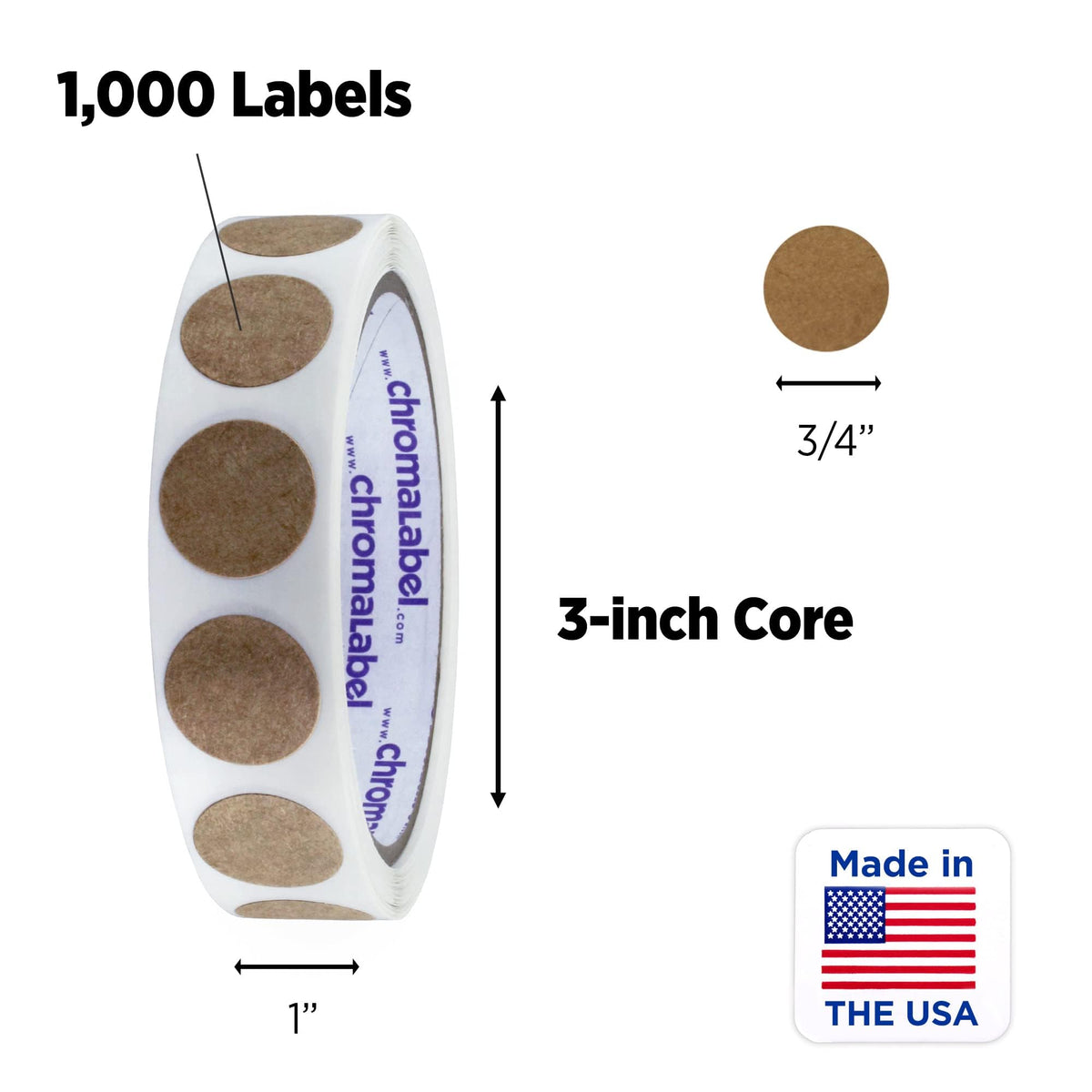 ChromaLabel round kraft dot stickers, 0.75 inch diameter, all-purpose labels on a roll, 500 per roll, perfect for labeling and crafts.
