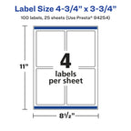 Avery® Printable Durable White Rectangle Labels, Sure Feed® Technology, 4.75" x 3.75", Print-to-the-Edge, Waterproof Labels, Laser & Pigment-Based Inkjet Compatible, 100 Total 100 labels