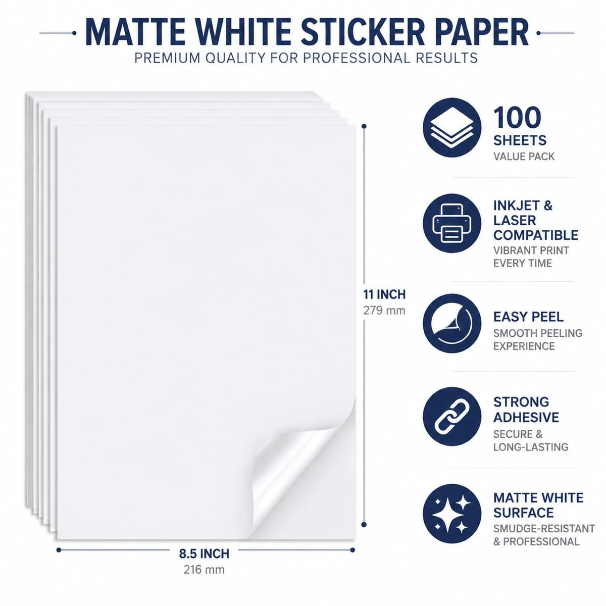 DeBaio Printable Sticker Paper for Inkjet Printer, 100 Sheets 11"x8.5'' Matte Sticker Printer Paper Full Sheet Labels for Laser/Inkjet Printers, Letter Size, Strong Adhesive 11"*8.5"