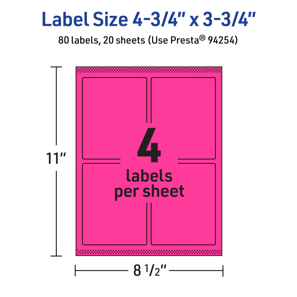 Avery Printable Rectangle Labels, Sure Feed Technology, 4-3/4" x 3-3/4", Neon Magenta Labels, Print-to-The-Edge, Laser/Inkjet Printable, 80 Total, Great for Shipping and Packaging 80 labels