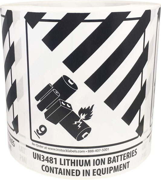 Lithium Ion Batteries Contained in Equipment UN 3481 Hazard 9 (Pre-Printed) Labels 4 x 4.75 Inch 500 Total Stickers on a Roll