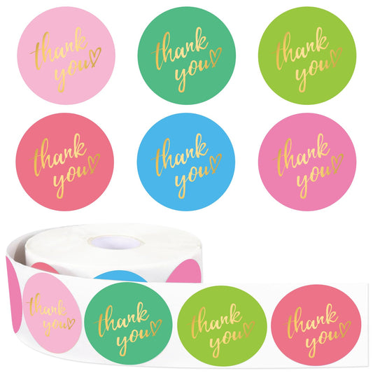 1000Pcs Gold Foil Thank You Sticker 6 Colors Heart Paper Decal Colorful Seal Sticker Label for Small Business Party DIY Supplies, 1.5 Inch