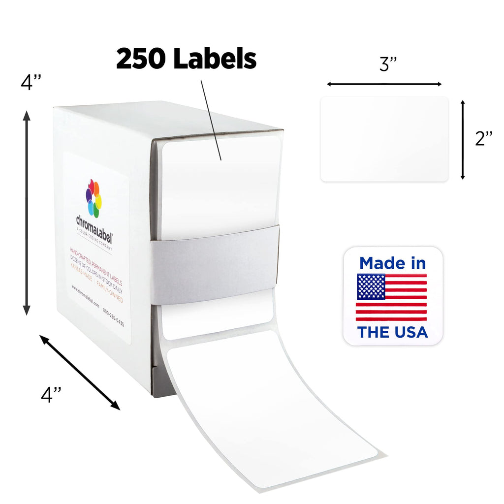 Two packs of ChromaLabel 2x3 inch all-purpose white permanent color code rectangle labels with 100 stickers each.