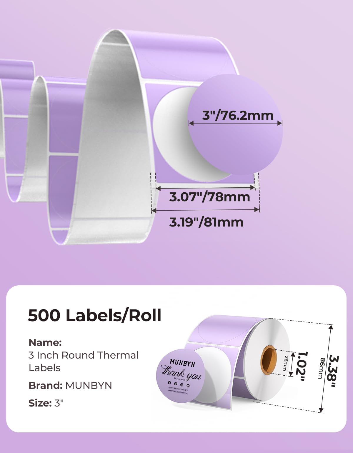 MUNBYN 3 Inch Purple Circle Thermal Labels for Business, 500 Sheets/1 Roll 3inch 1