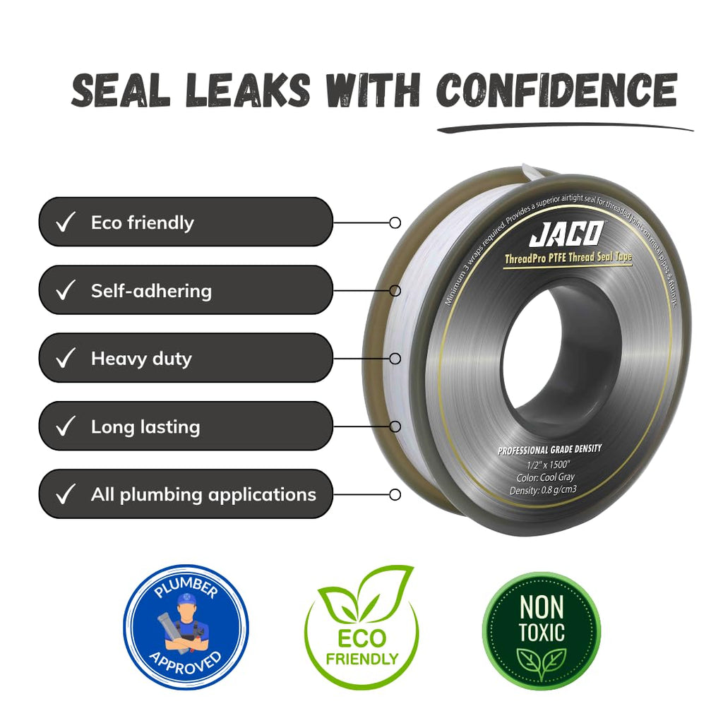 JACO ThreadPro High-Density Thread Seal Tape - 1/2" x 125 ft. (Mega Roll) | Professional PTFE Pipe Sealant | Plumbers Tape 1/2" x 125 ft (1-Pack)