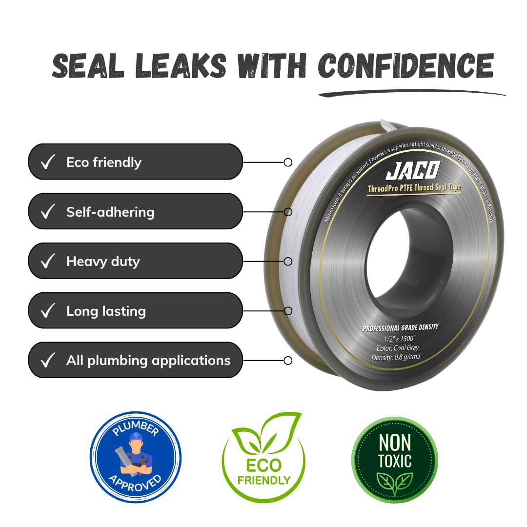 JACO ThreadPro High-Density Thread Seal Tape - 1/2" x 125 ft. (Mega Roll) | Professional PTFE Pipe Sealant | Plumbers Tape 1/2" x 125 ft (1-Pack)