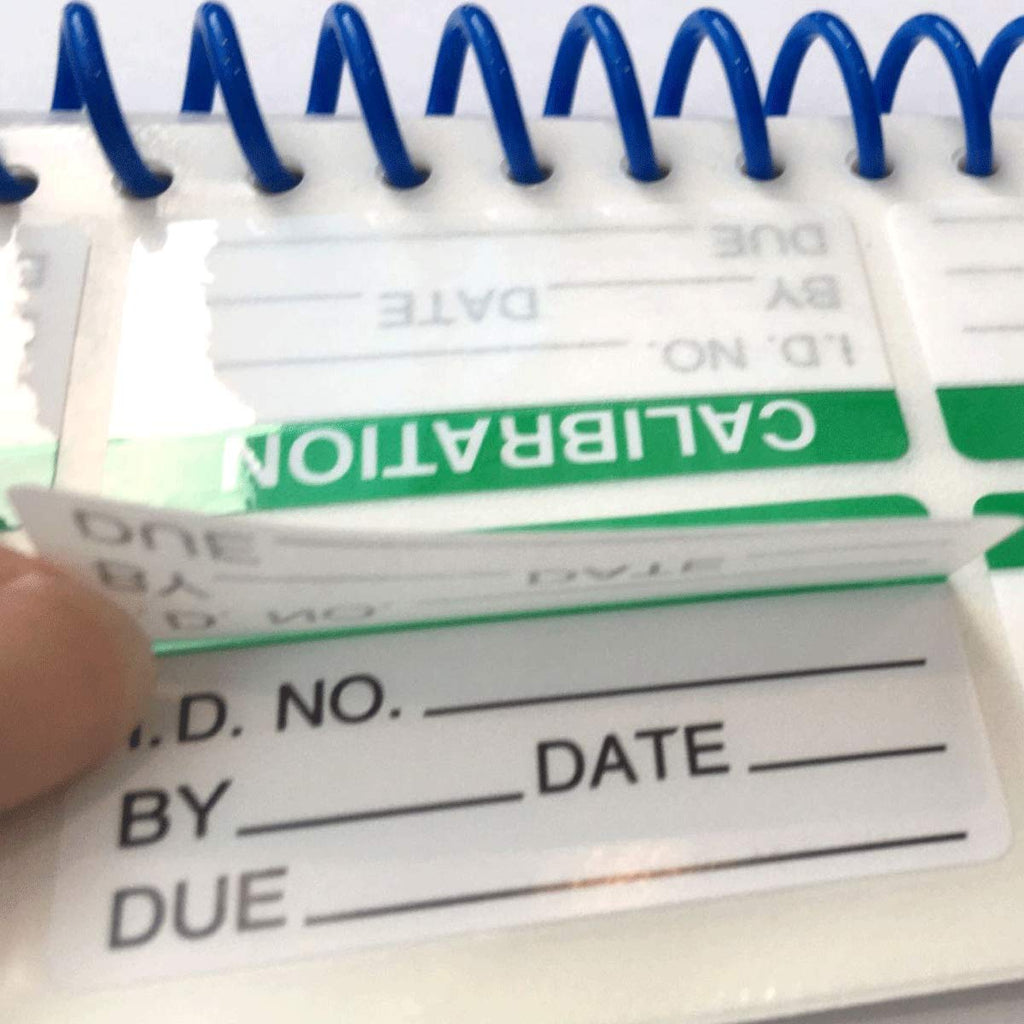 Self-laminating calibration labels by wootile, 1x2 inch write-on industrial stickers for equipment calibration and quality control.