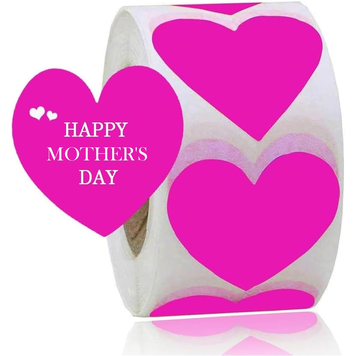Happy Mother's Day Stickers, 2 Inch Fluorescent Pink Heart Shaped Stickers – 500 Per Roll Adhesive Labels for Gift Wrapping, Envelope Sealing & Decor