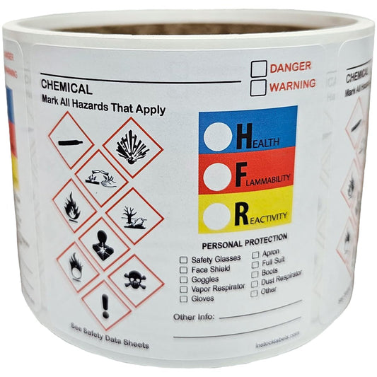 Safety Data Sheet GHS Hazard Labels with PPE Info, Chemical DOT Hazmat Stickers, 2.5 Inch Square, 100 Total Labels per Roll - Ideal for Labs, Warehouses, Manufacturing, and Chemical Processing