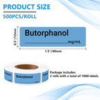 1000Pcs Naloxone Syringe Labels, 12x40mm Water Resistant, 2 Rolls Butorphanol
