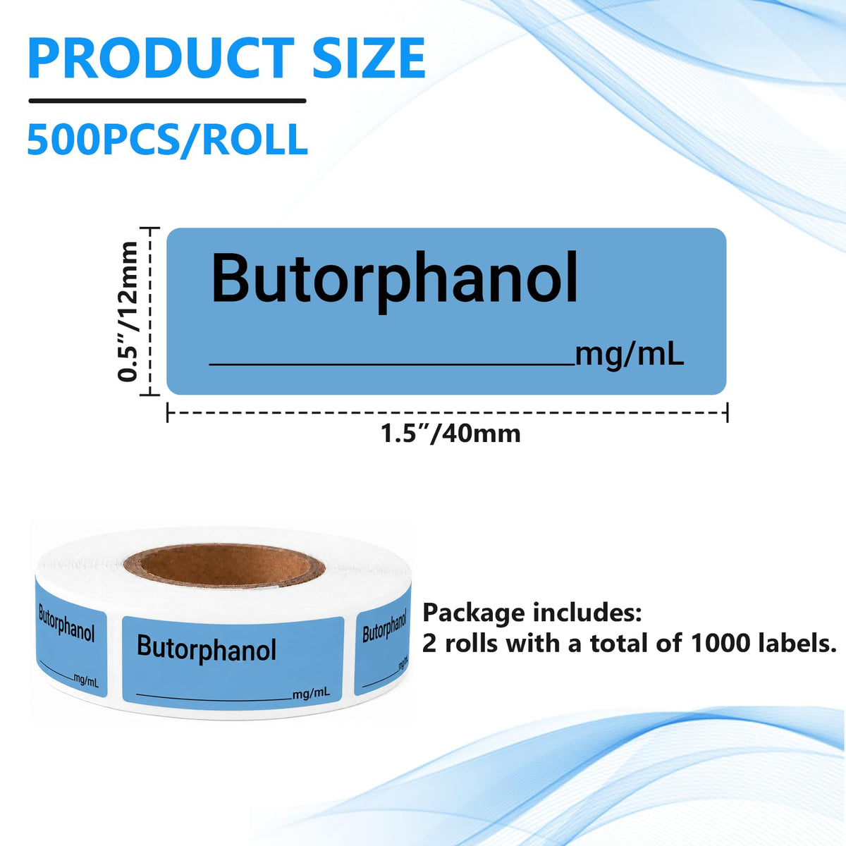 1000Pcs Naloxone Syringe Labels, 12x40mm Water Resistant, 2 Rolls Butorphanol