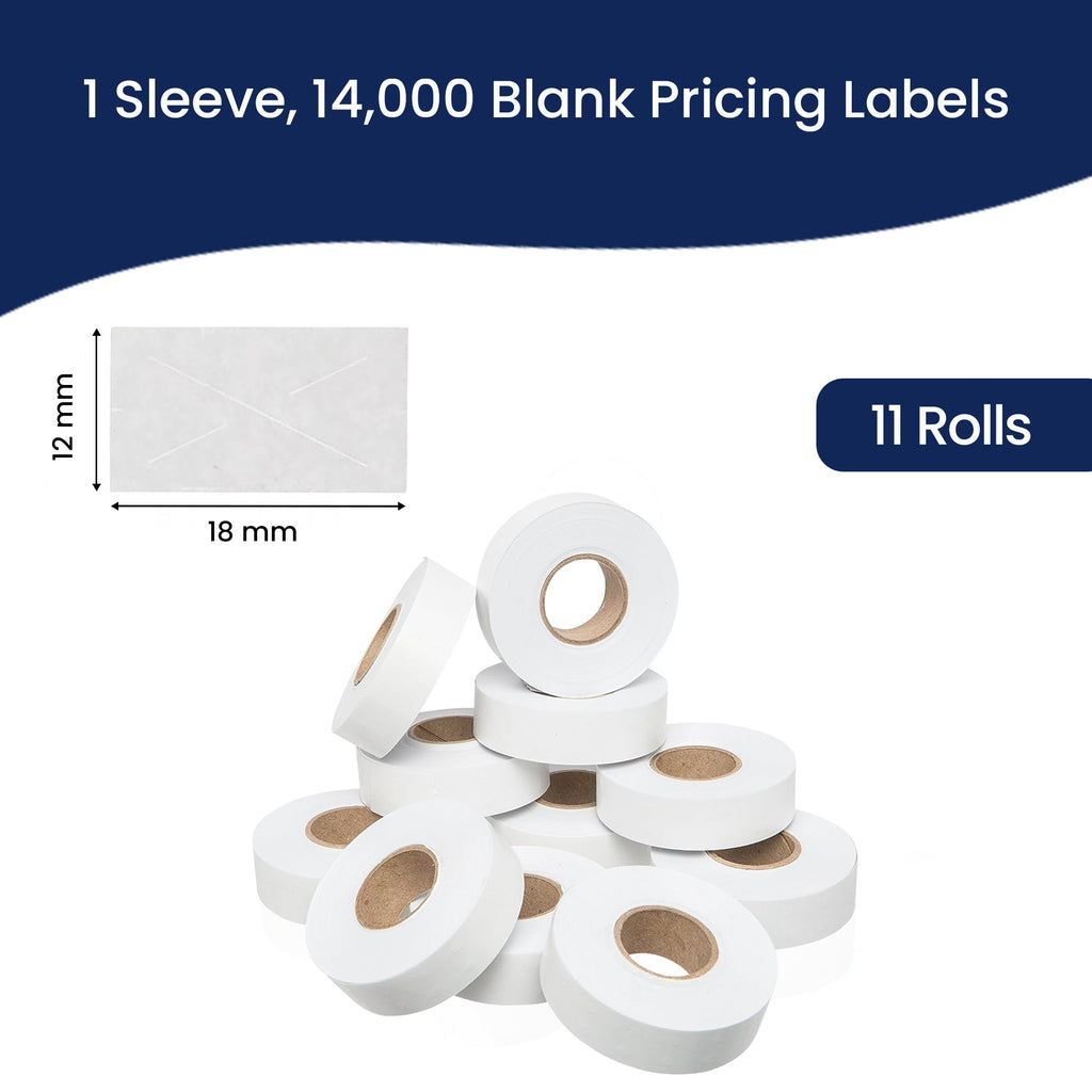 Perco White Price Marking Labels - 14,000 Blank Labels for Garvey 18-6 One Line Price Gun with Ink Roll Included - 11 Rolls, 1 Sleeve - Made in USA
