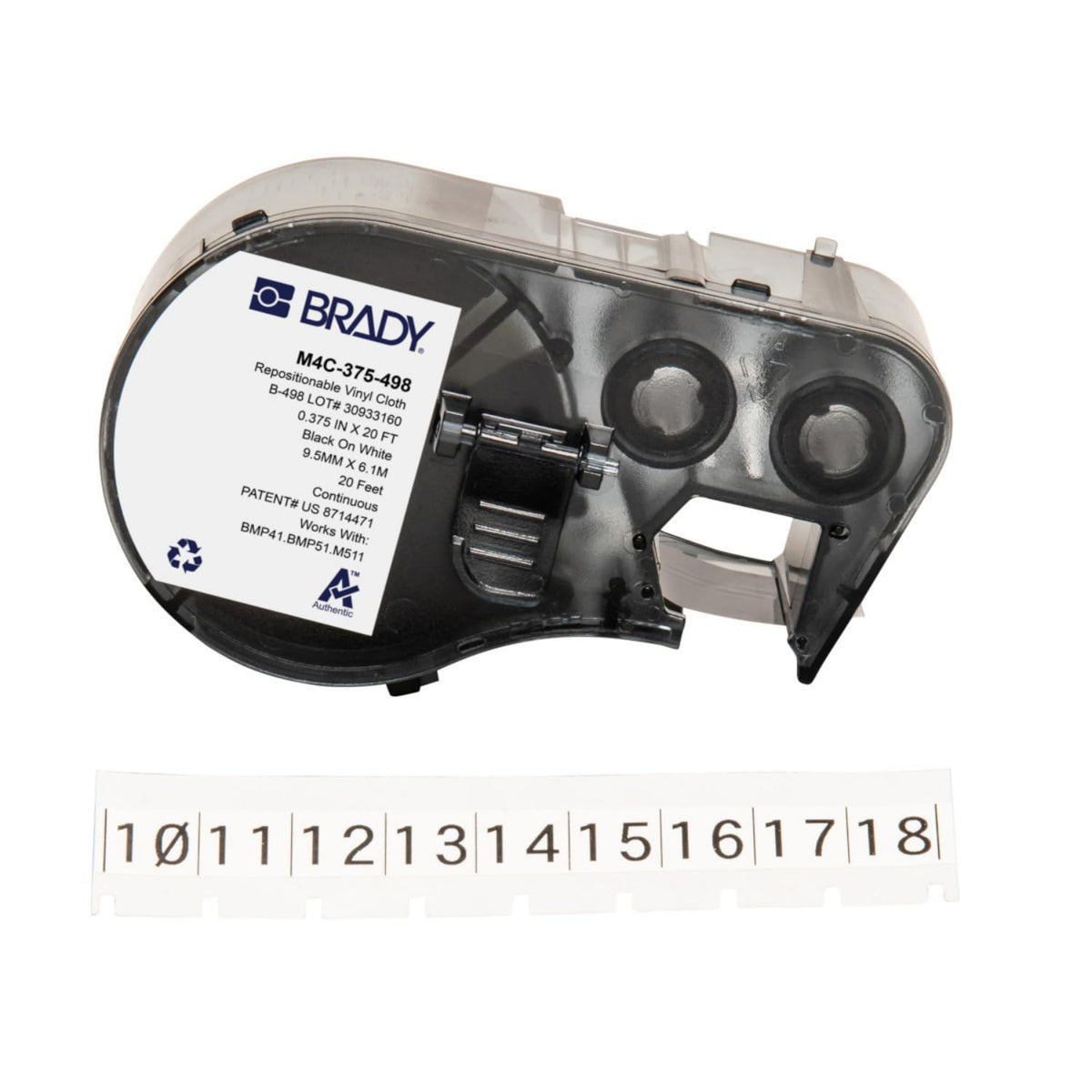 Brady Authentic (M4C-375-498) Repositionable Multi-Purpose Vinyl Cloth Labels 0.375" W x 20' L Black on White. for use with The BMP41, BMP51, and M511 Label Printers