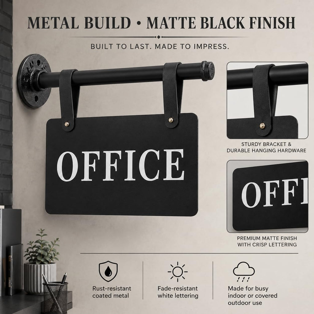 Double Sided Office Sign for Wall Decor with Black Hanging Bracket