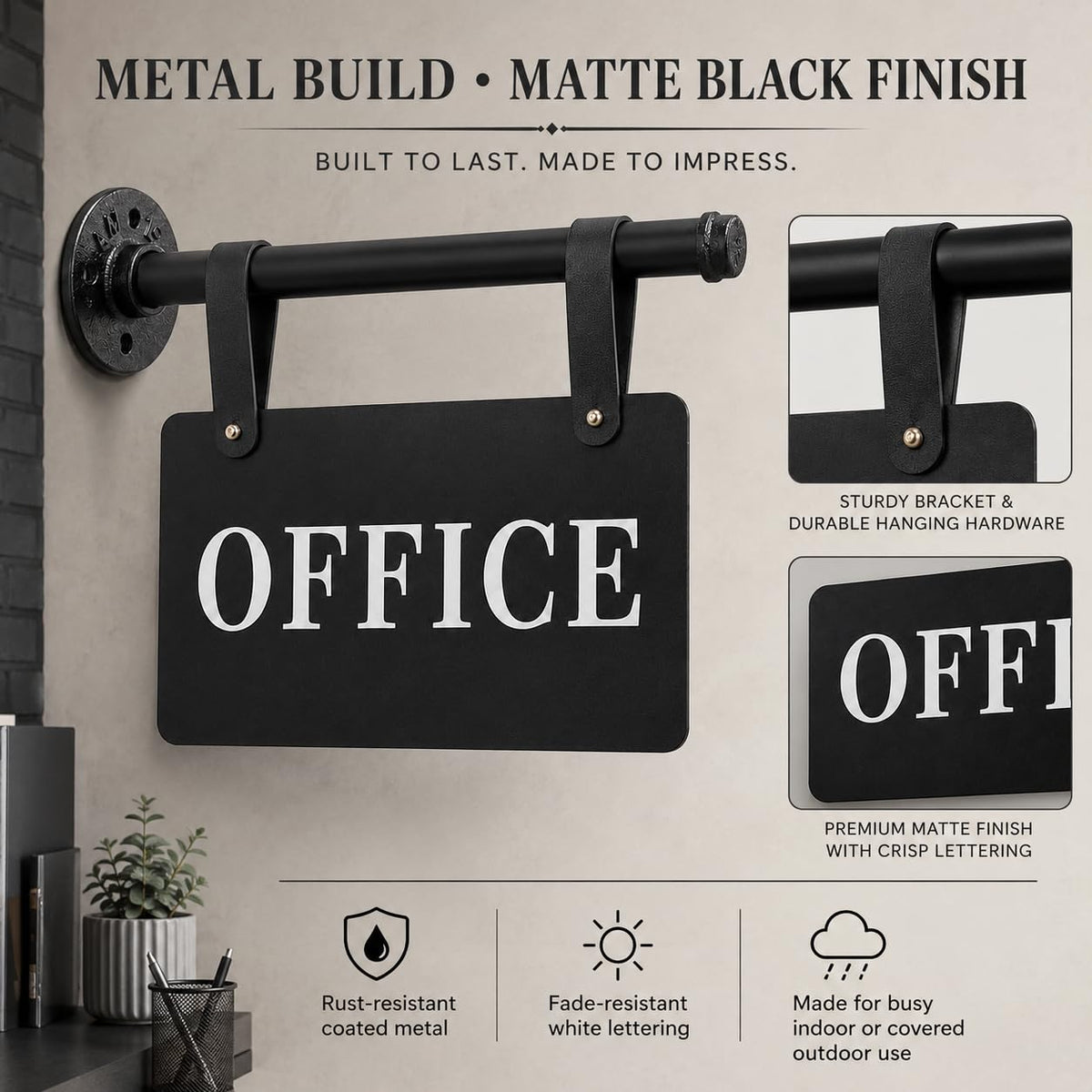 Double Sided Office Sign for Wall Decor with Black Hanging Bracket