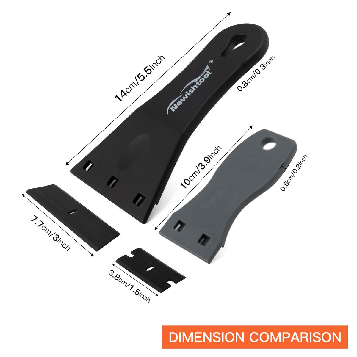 NEWISHTOOL plastic razor blade scraper with 3-inch blades, 2-pack, including 20 extra blades for removing glue, labels, and decals from glass.