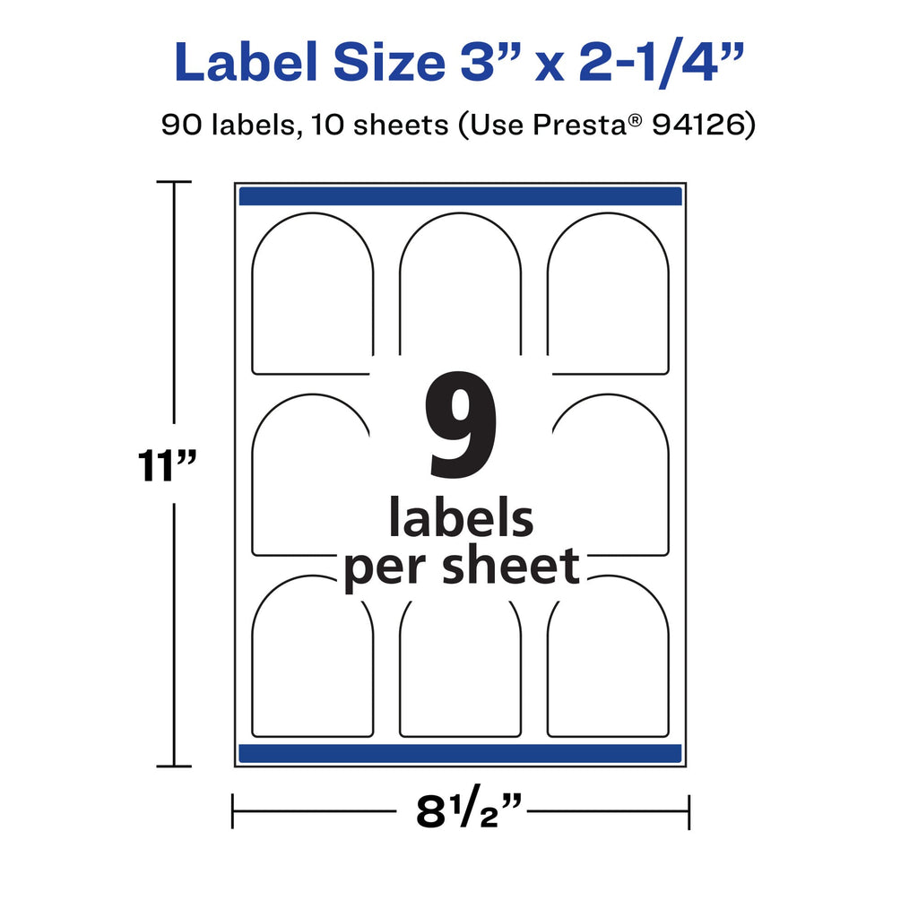 Avery® Printable Durable White Arched Labels, Sure Feed® Technology, 3" x 2.25", Print-to-the-Edge, Waterproof Labels, Laser & Pigment-Based Inkjet Compatible, 90 Total 90 labels