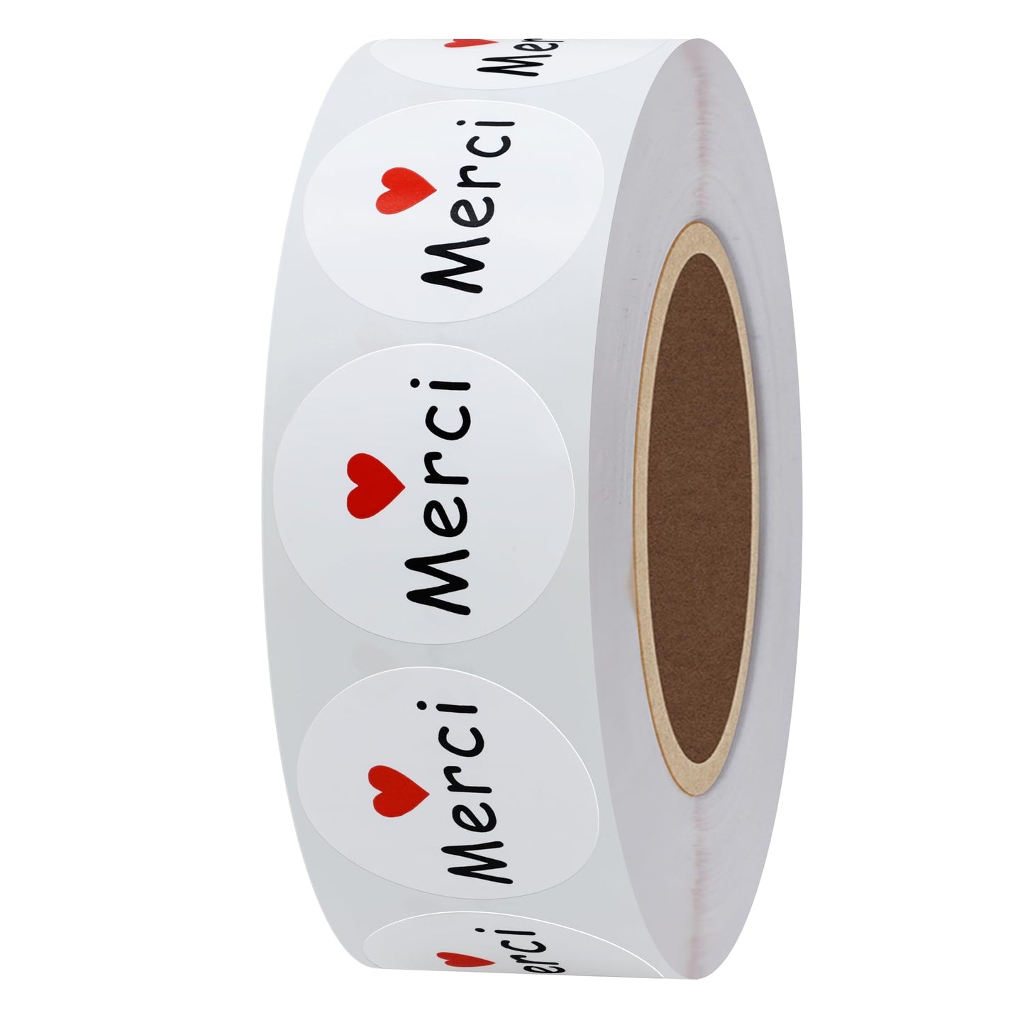 Hybsk 1 Inch Round French Thank You Merci Stickers White Adhesive Labels with Red Heart 1,000 Labels Per Roll