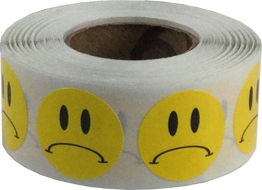 Yellow Sad Frowny Face Circle Dot Stickers, 3/4 Inch Round, 500 Labels on a Roll