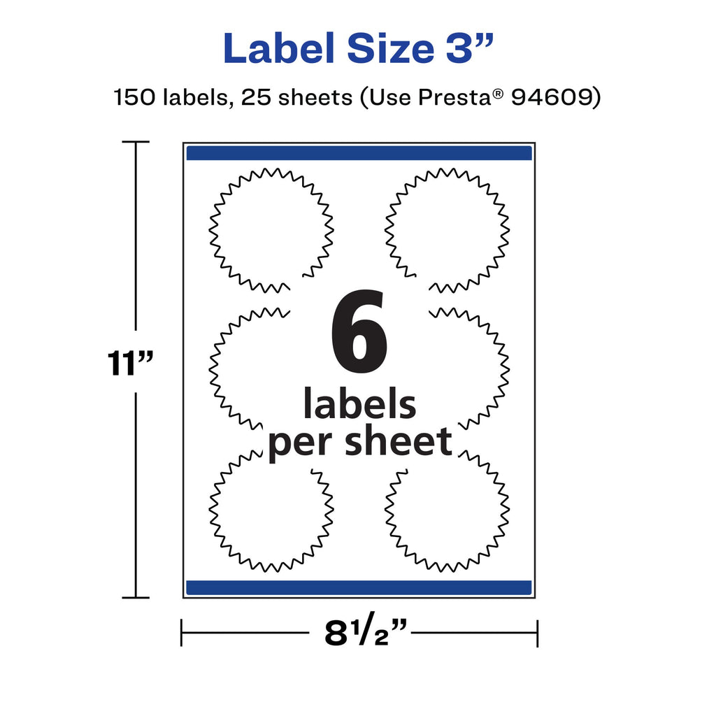 Avery® Printable Durable White Starburst Labels, Sure Feed® Technology, 3", Print-to-the-Edge, Waterproof Labels, Laser & Pigment-Based Inkjet Compatible, 150 Total 150 labels