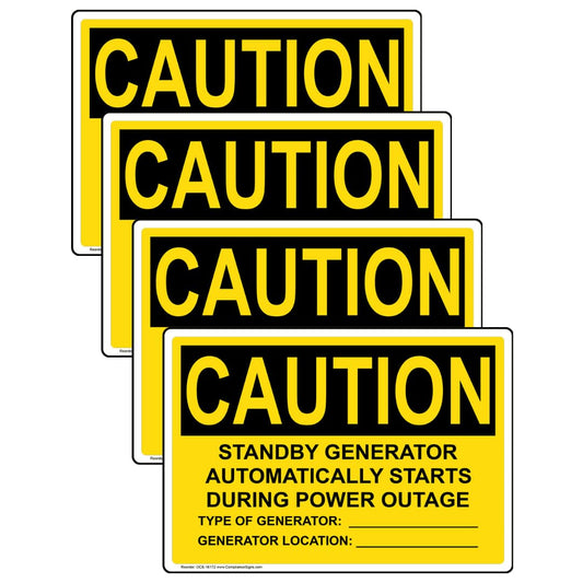 ComplianceSigns.com CAUTION Standby Generator Starts Automatically OSHA Label Decal, 5x3.5 inch 4-Pack Vinyl for Electrical 5" x 3.5" - 4 Pack Adhesive Vinyl