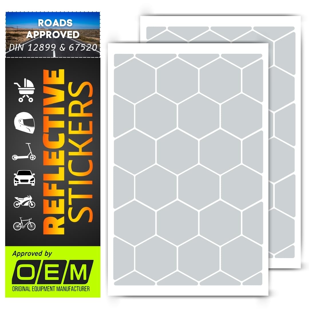 DIN 67520 Hexagon reflectors Reflective Tape Stickers Trailers Cars Motorcycle Fire Helmet Rims Bicycle Decals Vehicles Mailbox Numbers Made with ORA FOL 5600 Material (White, 64Pcs) White