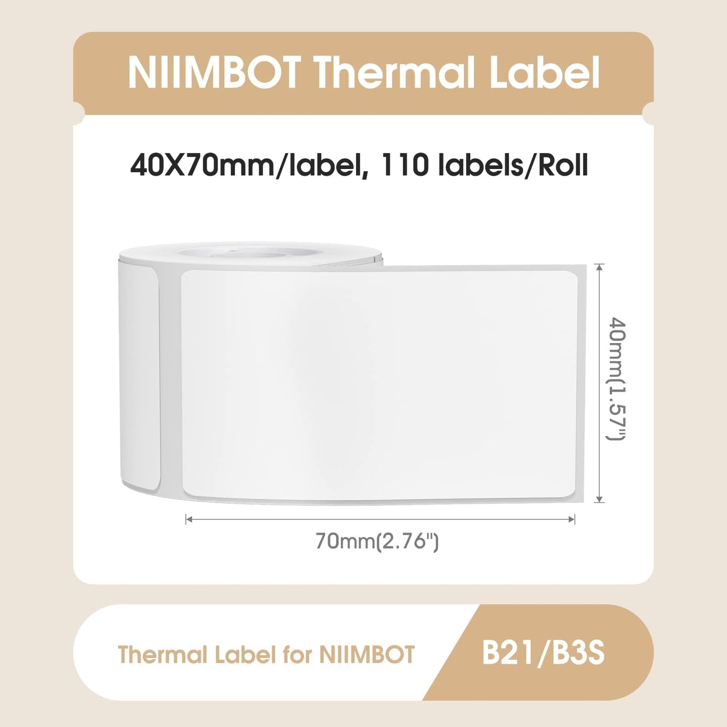 NIIMBOT Labels for B1/B21/B3S Label Maker, 1.57'' x 2.76'' (40x70mm) Thermal Sticker Label, Waterproof, Oil-Proof and Tear-Proof NIIMBOT Labels, 1 Roll of 110 Self-Adhesive Thermal Labels (White) White-1.57'' X 2.76''